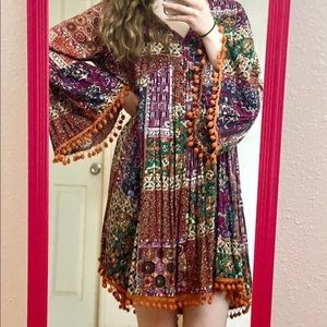 Umgee Tribal Boho Tunic Dress with Pompoms
